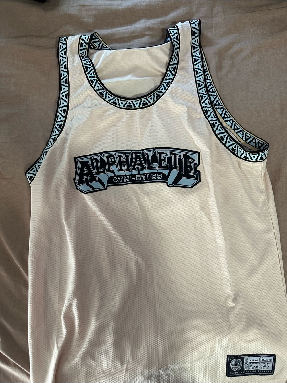 Alphalete White Mesh Tank with Black & Light Blue Logo